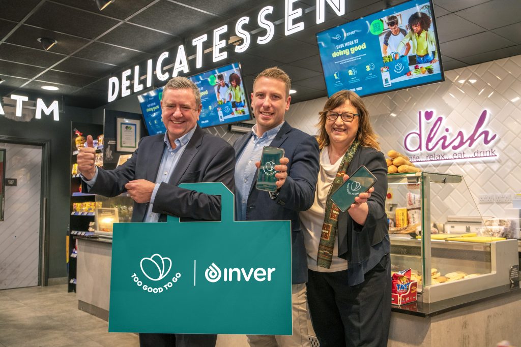 Inver expands partnership with Too Good To Go to tackle food waste. The image shows Inver's Retail Team, from left to right: Billy Massey, Head of Retail Convenience; David O'Brien, Retail Operations Manager and Ciara Collins, Fresh Food Manager